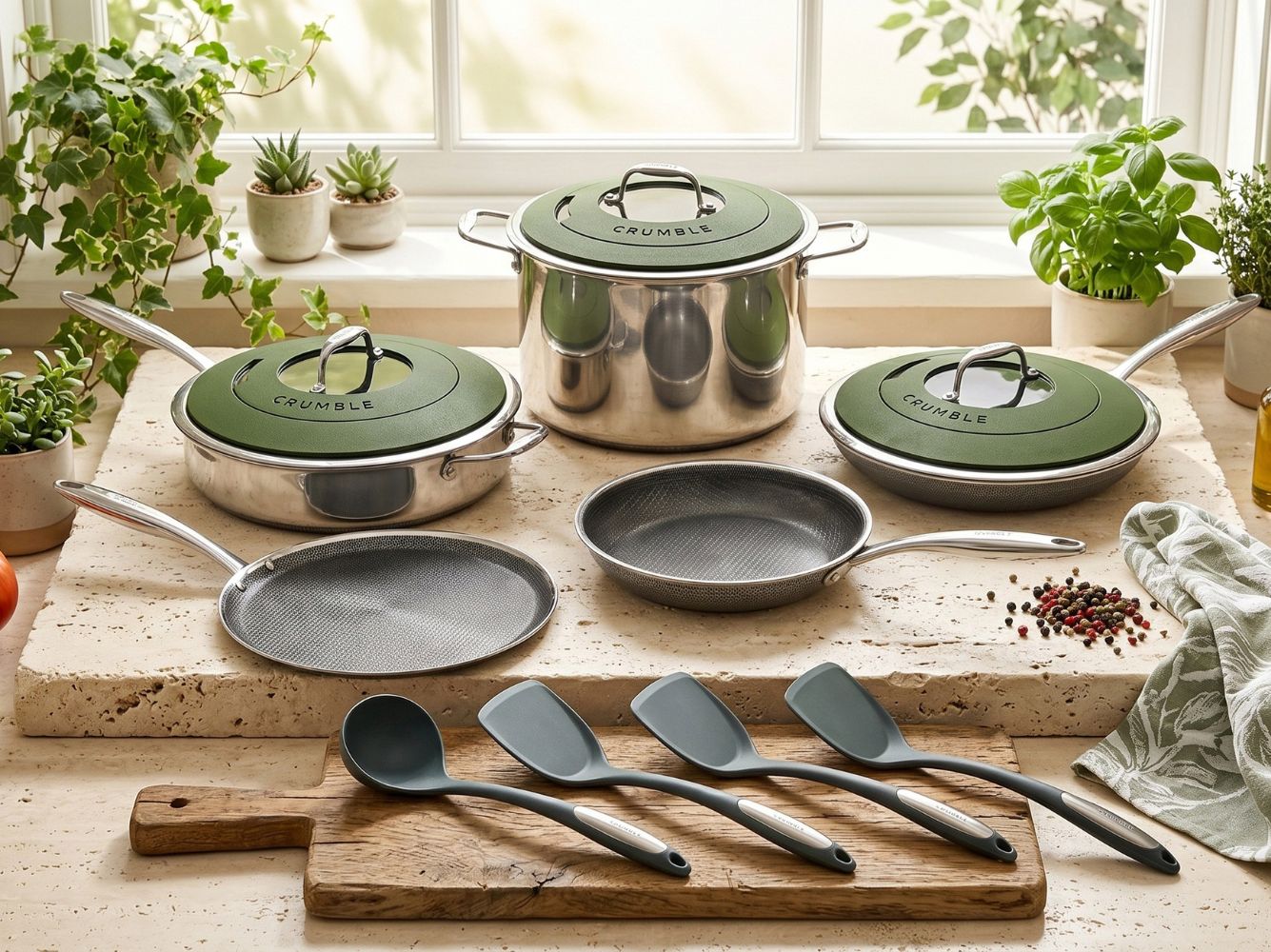 Crumble cookware styled on a bench
